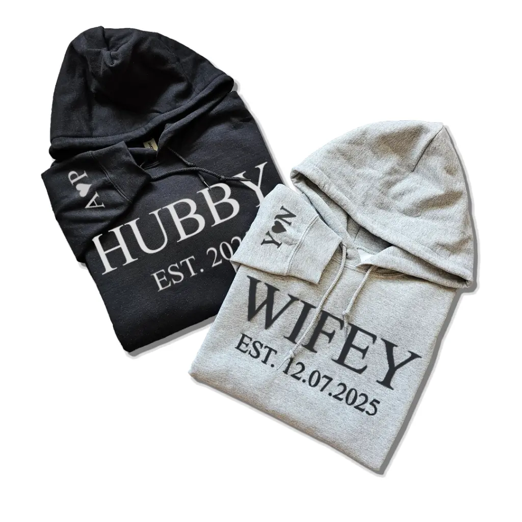 Personalized Embossed WIFEY/HUBBY Hoodie B&W Bundle