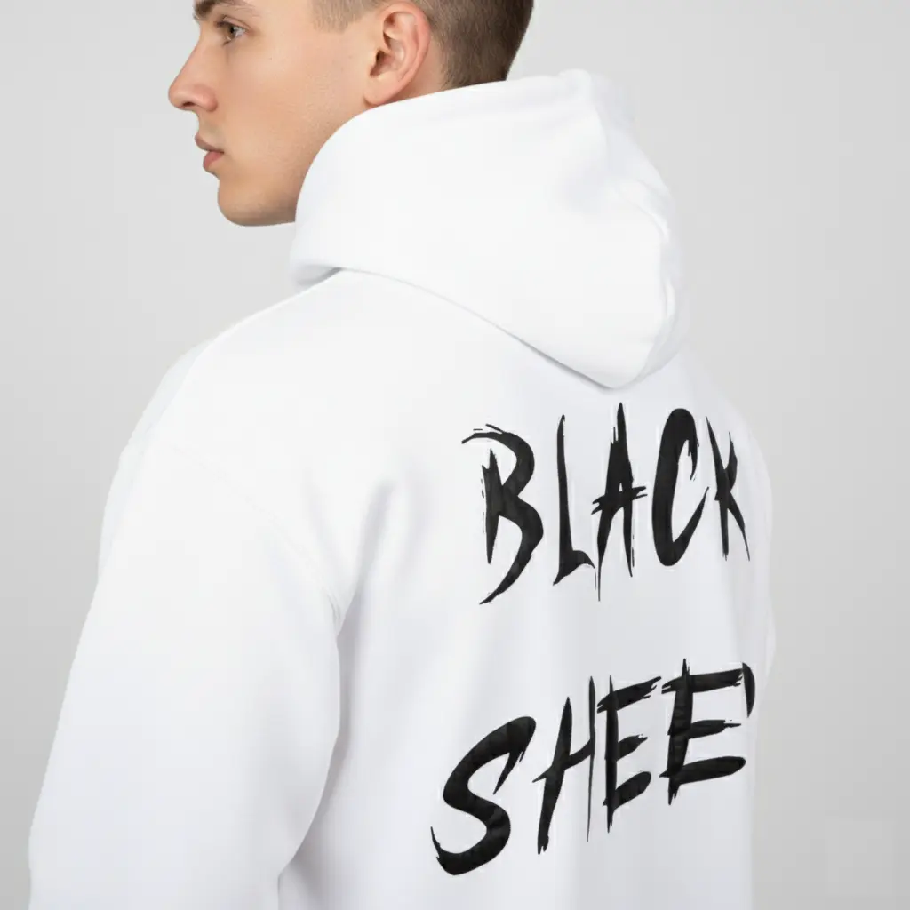 Black Sheep - Embossed Puff Back Hoodie White on model