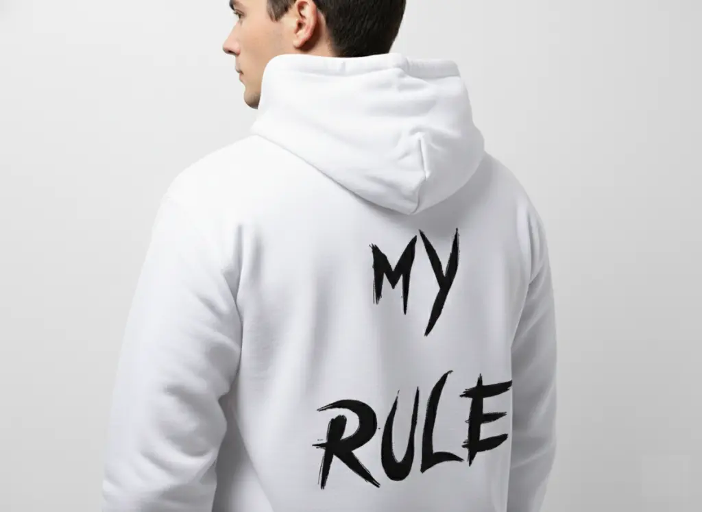 My Rule - Embossed Puff Back Hoodie White on model