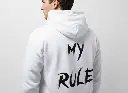 My Rule - Embossed Puff Back Hoodie White on model