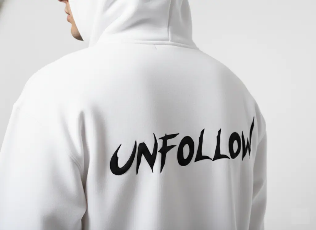 Unfollow - Embossed Puff Back Hoodie White on model