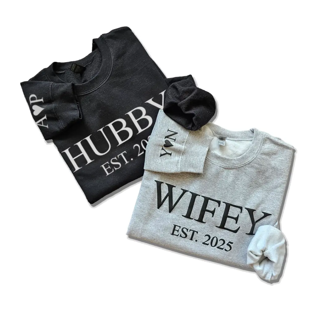 Personalized Embossed WIFEY/HUBBY Sweatshirt B&W Bundle